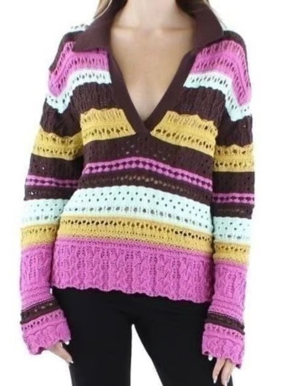 Jonathan‎ Simkhai Roxana Macrame Polo Sweater Striped Crochet Knit Top XS New